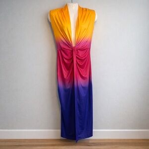 Sleeveless Ombre Knot-Front Midi Dress in Yellow, Pink & Purple